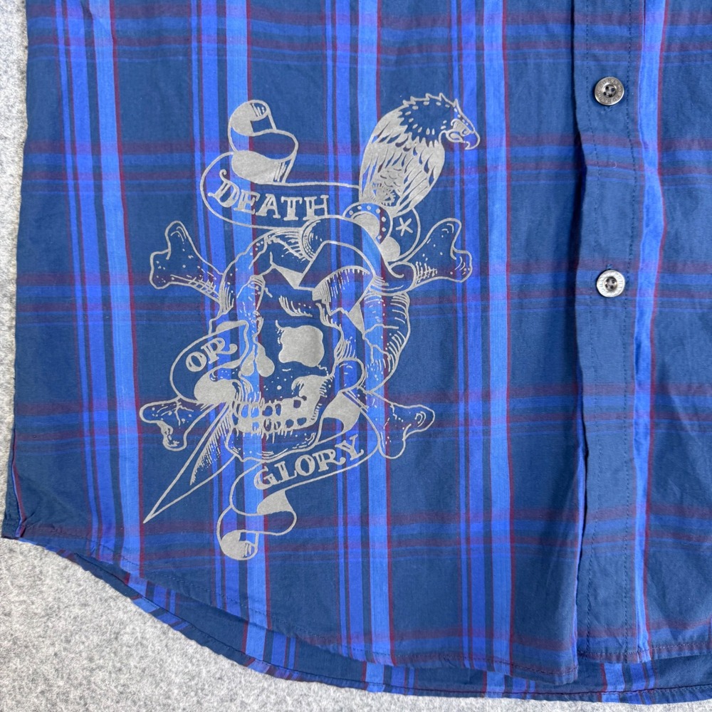 Vintage Y2K Ed Hardy Mens Blue Plaid Born To Win Embroidered Skull Shirt L - Picture 6 of 11